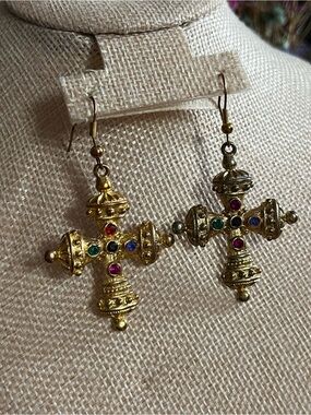 Gold-Tone Multicolor Cross Drop Earrings